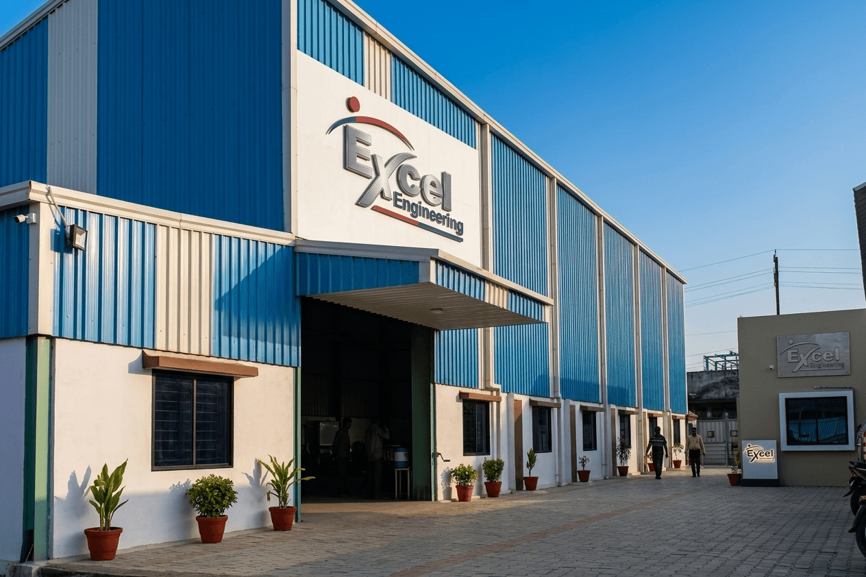 Excel Engineering factory building exterior with blue corrugated steel facade