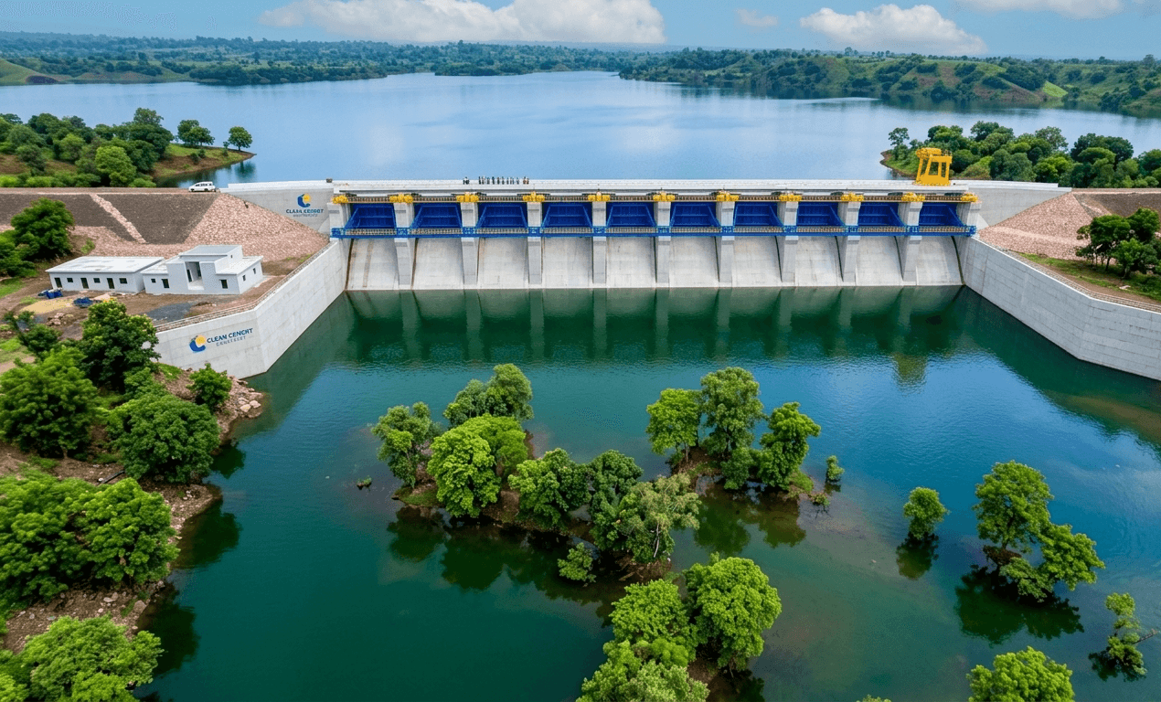 Aerial view of completed dam with blue radial steel gates and teal reservoir